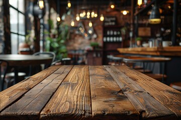 Warm, welcoming wooden table in focus, with a blurred background of a cafe interior featuring hanging lights and bar shelves