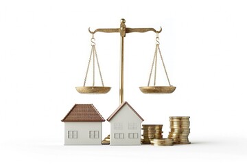 Scales with house on one side and coins on the other, concept of finance, investment, property.