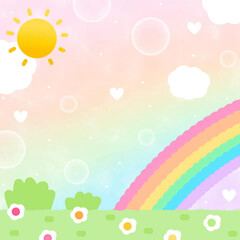 spring background with flowers and rainbow