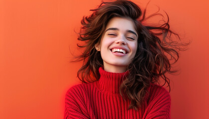 A happy young brunette woman in a red sweater set against a red background