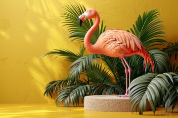 A majestic flamingo stands tall amidst lush tropical foliage under warm lighting, conveying a sense of tranquility and exotic beauty