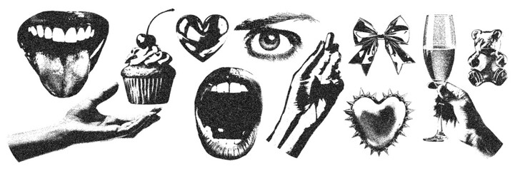 Eye, mouth, hand, heart, gummy bear with halftone stipple effect, for grunge punk y2k collage design. Pop art style dotted crazy elements. Vector illustration for vintage emo gothic banner, music post