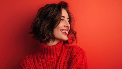 A happy young brunette woman in a red sweater set against a red background