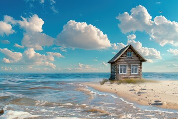 Obraz premium Landscape with a simple wooden house on the beach, summer, vacation concept.
