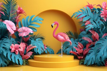 A stylized image portraying a pink flamingo in a joyful and colorful tropical setting that radiates a feeling of happiness and summer vibes