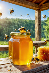Honey in a glass jar and bees against the background of a summer landscape. World Bee Day