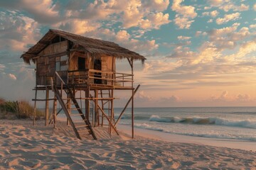 Landscape with a simple wooden house on the beach, summer, vacation concept.