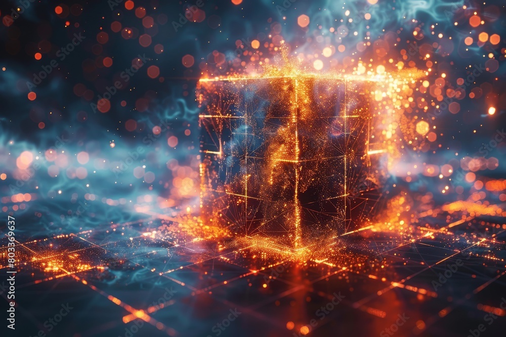 Poster a fiery golden cube sits ablaze on a grid that glows with energy, representing dynamic transformatio