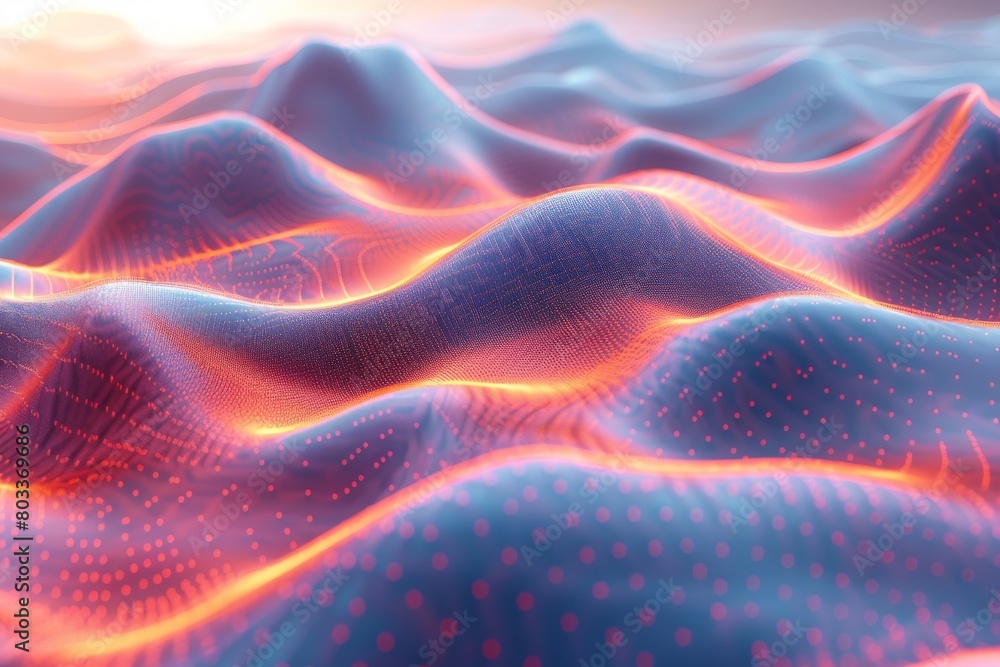 Poster vibrant digital landscape with red peaks simulating data flow and technological growth
