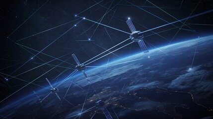 A network of satellites casting beams of secure, encrypted internet access to remote areas, protected by layers of cybersecurity measures from above. 32k, full ultra hd, high resolution