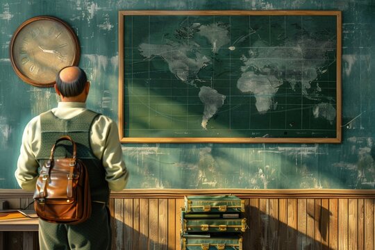 Teacher in the classroom, blackboard in the background, concept of Teachers’ Day and back to school.