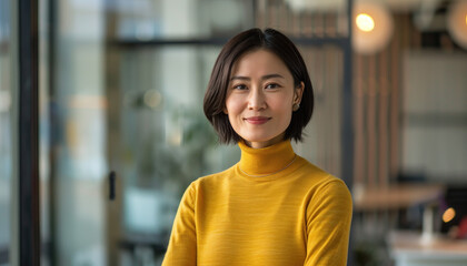 An Asian businesswoman in her late thirties in yellow in an office setting