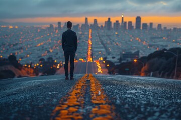 A lone man stands facing a vast cityscape at dusk, the city lights merging into a glowing horizon