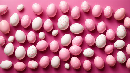 There are a bunch of pink and white Easter eggs on a pink background.

