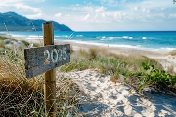 Wooden sign with the word 2025, beach in the background.