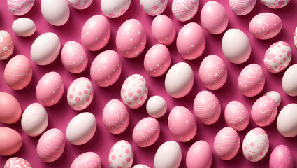 There are a bunch of pink and white Easter eggs on a pink background.

