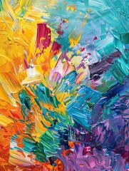 Explosion of colors in dynamic abstract painting - Dynamic and vibrant abstract painting showcasing an explosive merging of bright, bold colors and textures