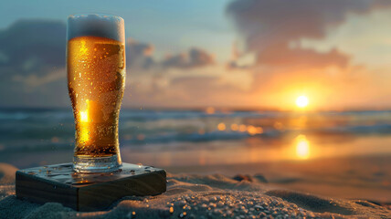 A glass of beer is standing on a wooden stand on a sandy beach. The sun is setting in the background. - Powered by Adobe