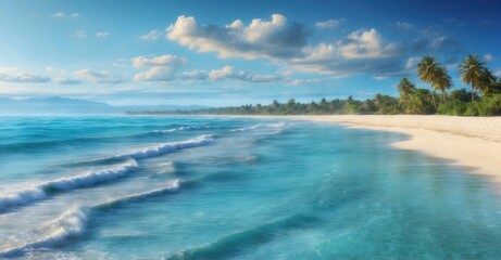 Fototapeta premium Discover cerulean blue waters, waves gently lapping sandy shore—an ideal adventure backdrop.