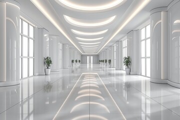 A modern, spacious interior with gleaming floors and an impressive curved light structure on the ceiling