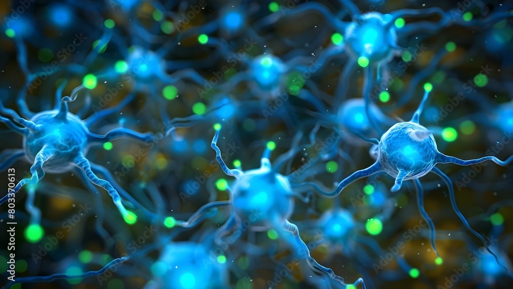 Poster neuron cells glowing with blue and green links focusing on synapse signals. concept neuron cells, gl