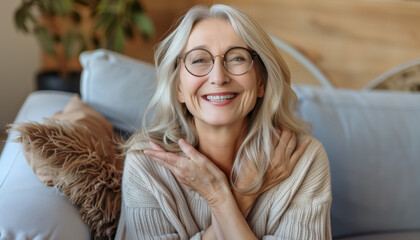 Cheerful pretty older woman in elegant glasses holding their hands up in an emotive way