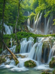 Majestic waterfalls in a lush forest landscape - The image captures the grandeur of multiple cascading waterfalls surrounded by the verdant environment of a dense forest