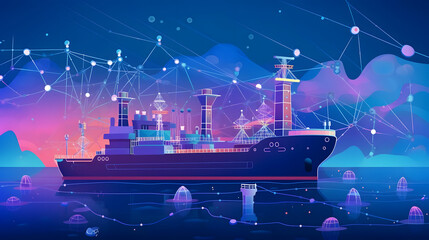 Obraz premium Maritime Connectivity Solutions Banner, Ship Communication Networks and Navigation Aids