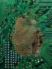 Fingerprint merged with PCB lines and patterns - The merge of human identity with technology is visually represented with a fingerprint pattern blending with the circuit lines on a green PCB