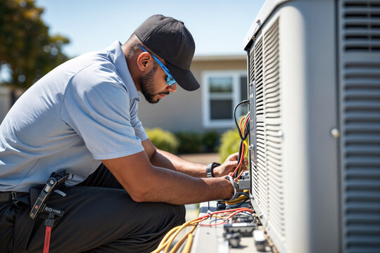 An air conditioning technician working on an outdoor unit.