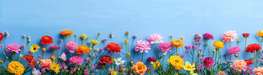 A blue background with a flower bed full of colorful flowers, creating a vibrant and cheerful scene