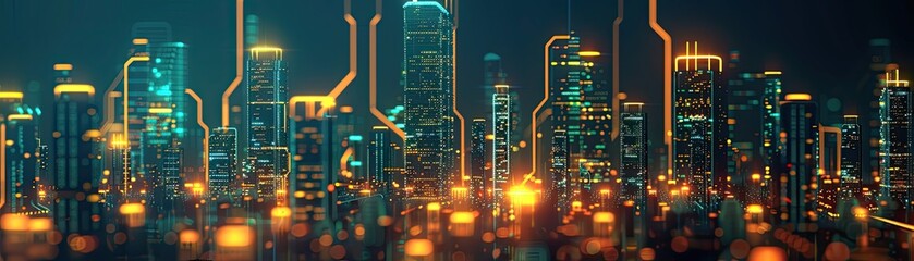 A digital cityscape featuring glowing lines and buildings constructed from circuit boards against a dark backdrop