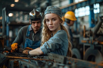 Woman and man blacksmith working with hammer and welding machine at workbench, standing nearby in workshop of metalwork with various tools. - Powered by Adobe