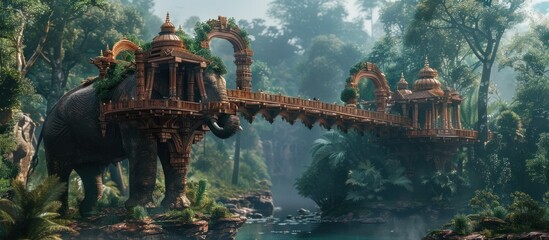 Massive Elephant Defying Gravity A Majestic Bridge Carried on Its Back in a Lush Jungle