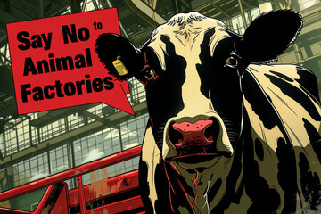 A graphic depiction of a cow inside a factory farm, and  a sign that says "Say No to Animal Factories" in bold letters..