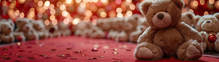 A red carpet background adorned with plush teddy bears, suitable for a kids' birthday card or party invitation