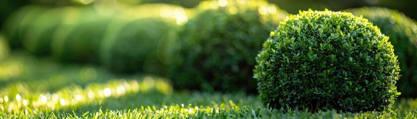 Obraz premium A step-by-step guide for gardeners on trimming boxwood bushes into a perfect ball shape, showcasing the art of gardening