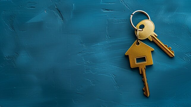 Golden house shaped keychain with keys on blue background, real estate concept, top view. Copy space banner mockup stock photo with copy space for text.