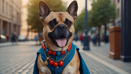  French Bulldog wearing a blue cape and a red