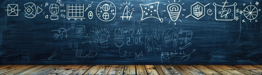 An educational backdrop showcasing a blackboard adorned with doodles of mathematical symbols and icons, ideal for e-learning or classroom composition themes