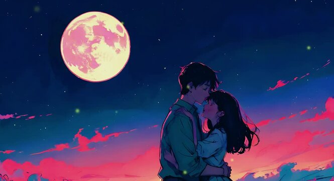 Minimalist hand-drawn illustration of Lofi couple in love in night love moon passion Cute 2D Japanese anime style lofi music background Seamless loop 4k simple animation video