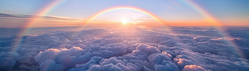Breathtaking view of a rainbow arcing over a sea of clouds bathed in sunlight