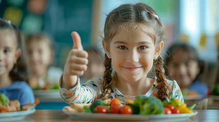 A little happy  girl is sitting at a table in kindergarten and eating vegetables, giving a thumbs up