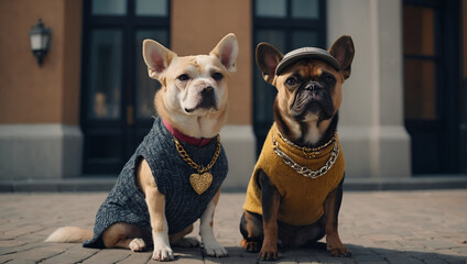 French Bulldog wearing a blue cape and a red
