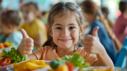 A little happy  girl is sitting at a table in kindergarten and eating vegetables, giving a thumbs up