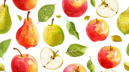 Colorful watercolor seamless pattern with hand drawn pears and apples.
