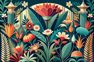 An elegant art deco botanical illustration showcasing vibrant flowers and plants