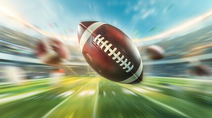 An American football ball flying at high speed on the field. Blurred background.