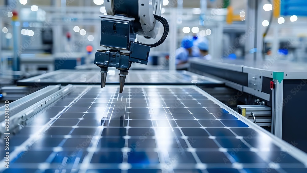 Poster robot arm assembles solar panels in bright factory with automation and robotics . concept solar ener
