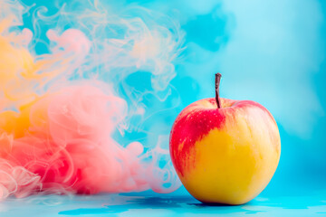 A red and yellow apple is placed on top of a blue table. The vibrant colors mist contrast with bold colors of background